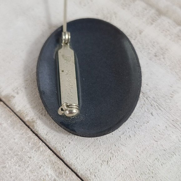 Vintage Michaela Frey Brooch Signed Oval Enamel Black Silver Floral Art Deco - Picture 4 of 9